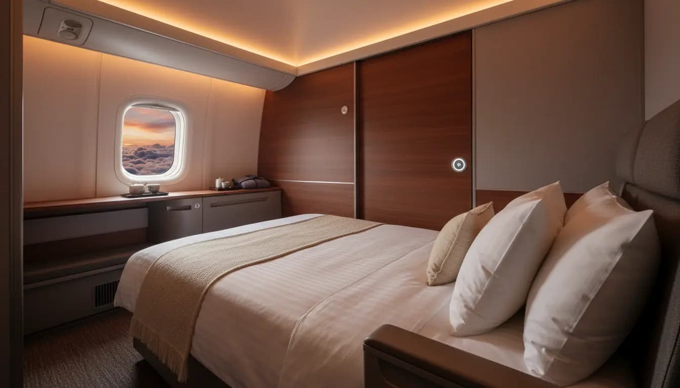 ANA business class The Room suite with warm lighting and Japanese aesthetics