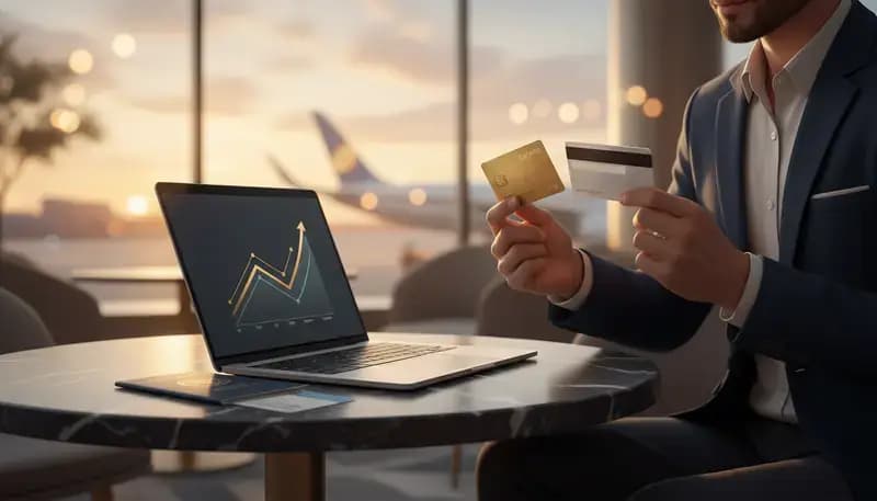 Traveler comparing travel credit cards and points strategy on a laptop in an upscale lounge
