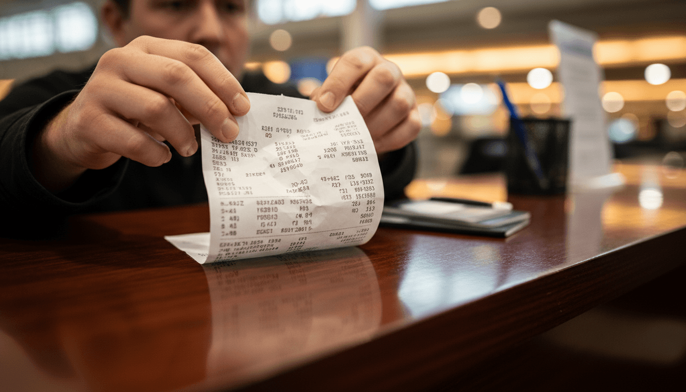 Rental car receipt with highlighted surprise charges on a car counter