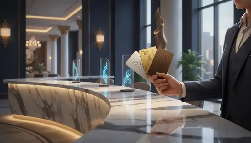 Traveler comparing Hyatt, Marriott, and Hilton loyalty perks on a laptop at hotel check-in