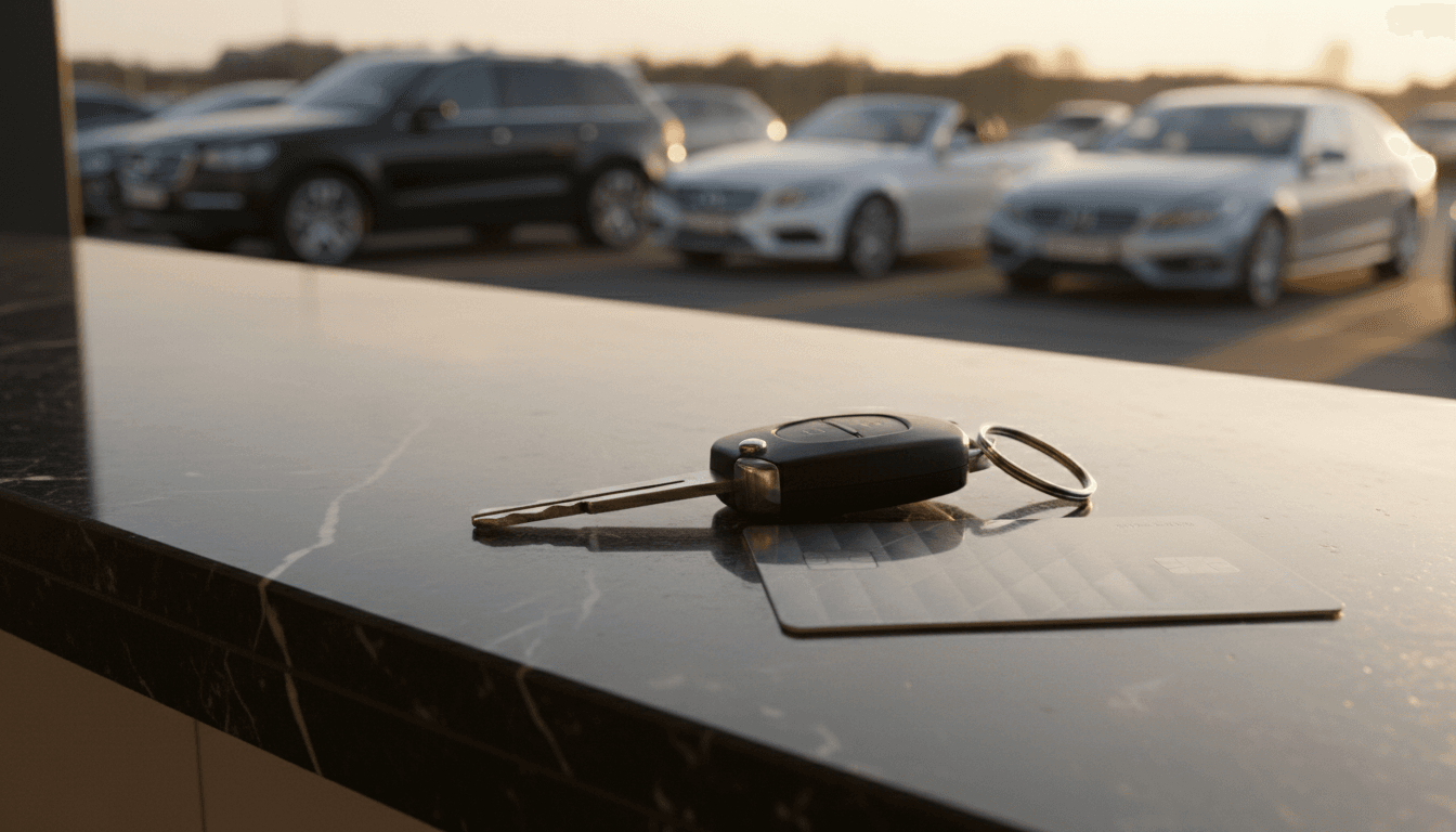 Rental car keys and a credit card on a car rental counter